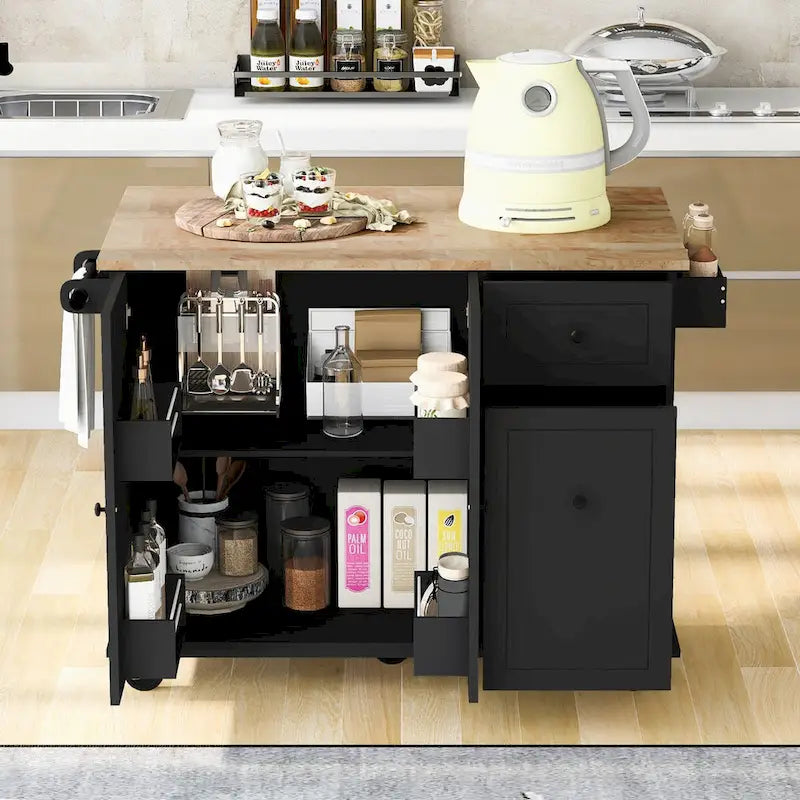 Rolling Kitchen Island with Drop Leaf, Storage Rack, Spice Rack and 3-Tier Pull-Out Cabinet Organizer