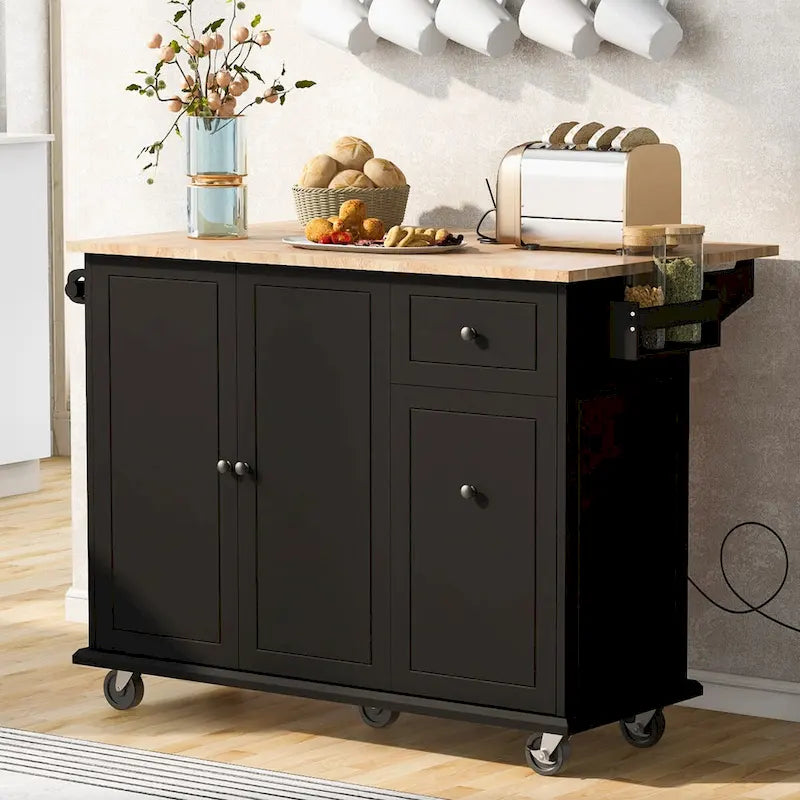 Rolling Kitchen Island with Drop Leaf, Storage Rack, Spice Rack and 3-Tier Pull-Out Cabinet Organizer