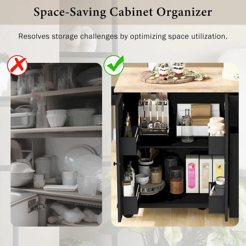 Rolling Kitchen Island with Drop Leaf, Storage Rack, Spice Rack and 3-Tier Pull-Out Cabinet Organizer