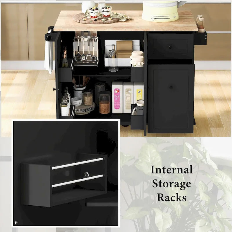 Rolling Kitchen Island with Drop Leaf, Storage Rack, Spice Rack and 3-Tier Pull-Out Cabinet Organizer