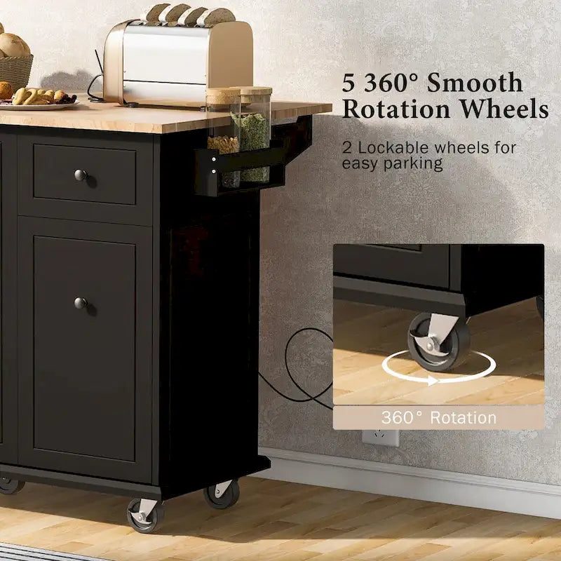 Rolling Kitchen Island with Drop Leaf, Storage Rack, Spice Rack and 3-Tier Pull-Out Cabinet Organizer