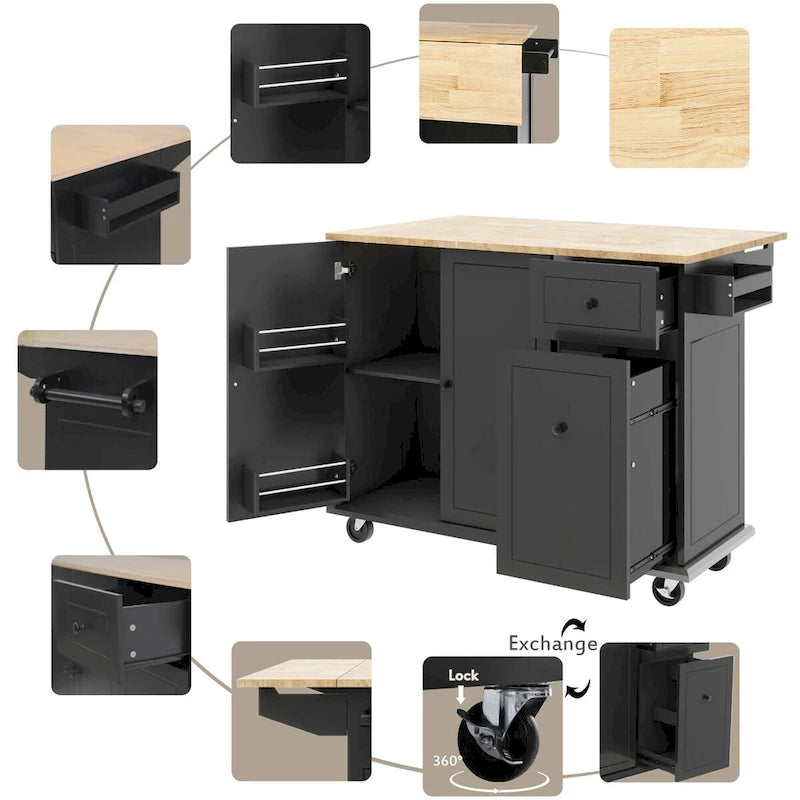 Rolling Kitchen Island with Drop Leaf, Storage Rack, Spice Rack and 3-Tier Pull-Out Cabinet Organizer