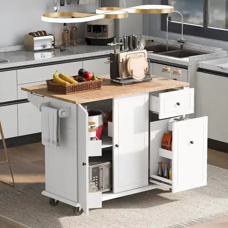 Rolling Kitchen Island with Drop Leaf, Storage Rack, Spice Rack and 3-Tier Pull-Out Cabinet Organizer