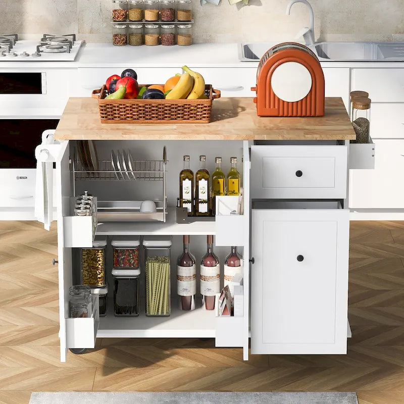Rolling Kitchen Island with Drop Leaf, Storage Rack, Spice Rack and 3-Tier Pull-Out Cabinet Organizer
