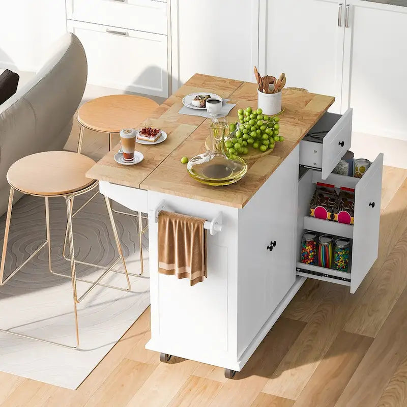 Rolling Kitchen Island with Drop Leaf, Storage Rack, Spice Rack and 3-Tier Pull-Out Cabinet Organizer