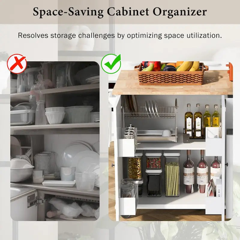 Rolling Kitchen Island with Drop Leaf, Storage Rack, Spice Rack and 3-Tier Pull-Out Cabinet Organizer