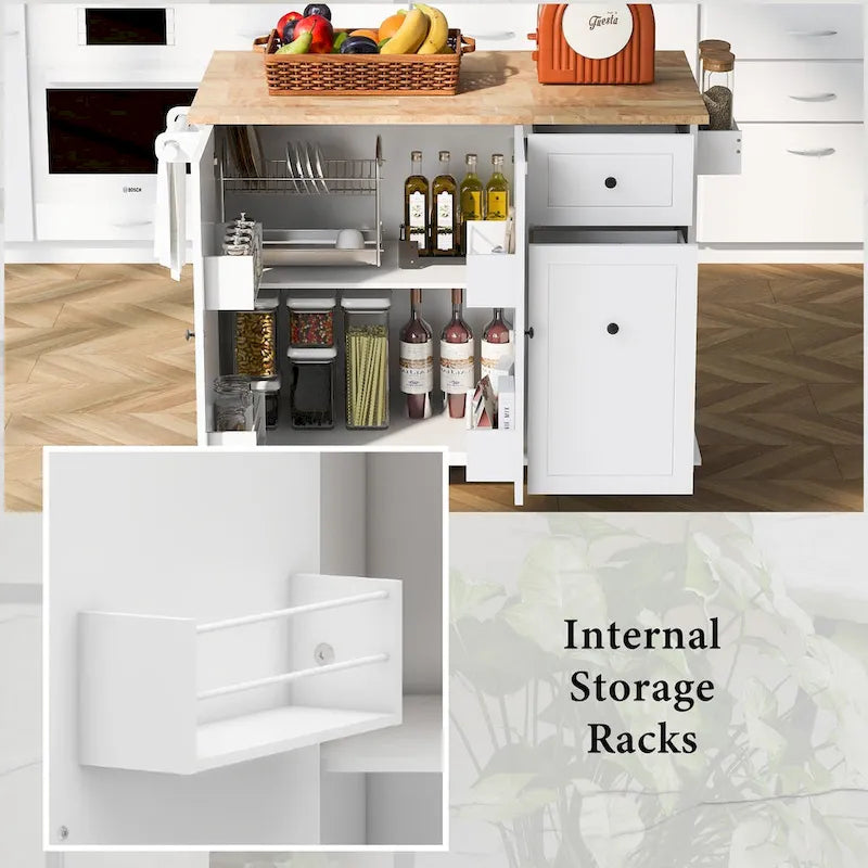 Rolling Kitchen Island with Drop Leaf, Storage Rack, Spice Rack and 3-Tier Pull-Out Cabinet Organizer