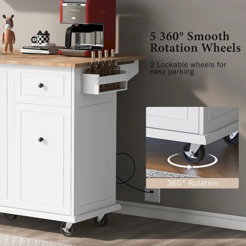 Rolling Kitchen Island with Drop Leaf, Storage Rack, Spice Rack and 3-Tier Pull-Out Cabinet Organizer