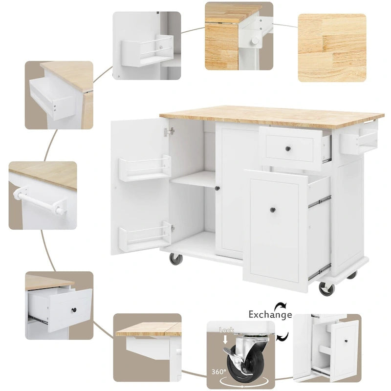 Rolling Kitchen Island with Drop Leaf, Storage Rack, Spice Rack and 3-Tier Pull-Out Cabinet Organizer