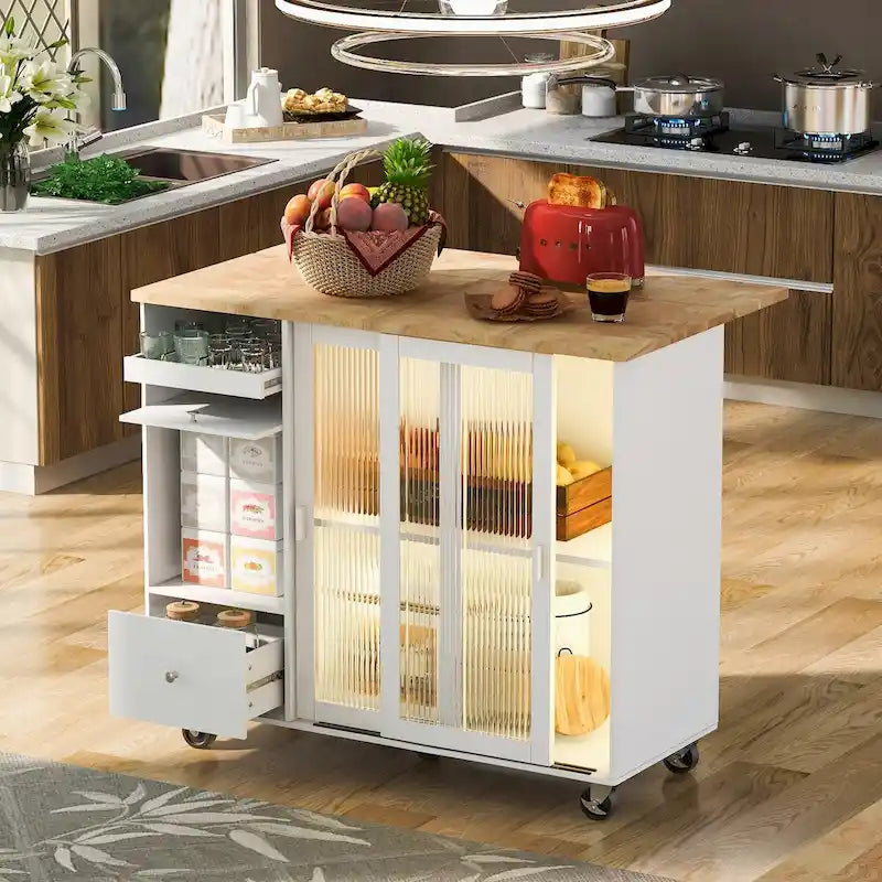Kitchen Island Cart with Drop Leaf, LED Light, Glass Doors, Drawers and Wheels