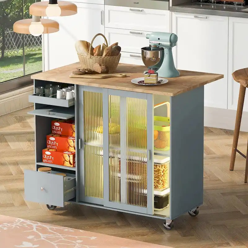 Dessertes de cuisine avec abattant, éclairage LED, portes vitrées, tiroirs et roulettes
