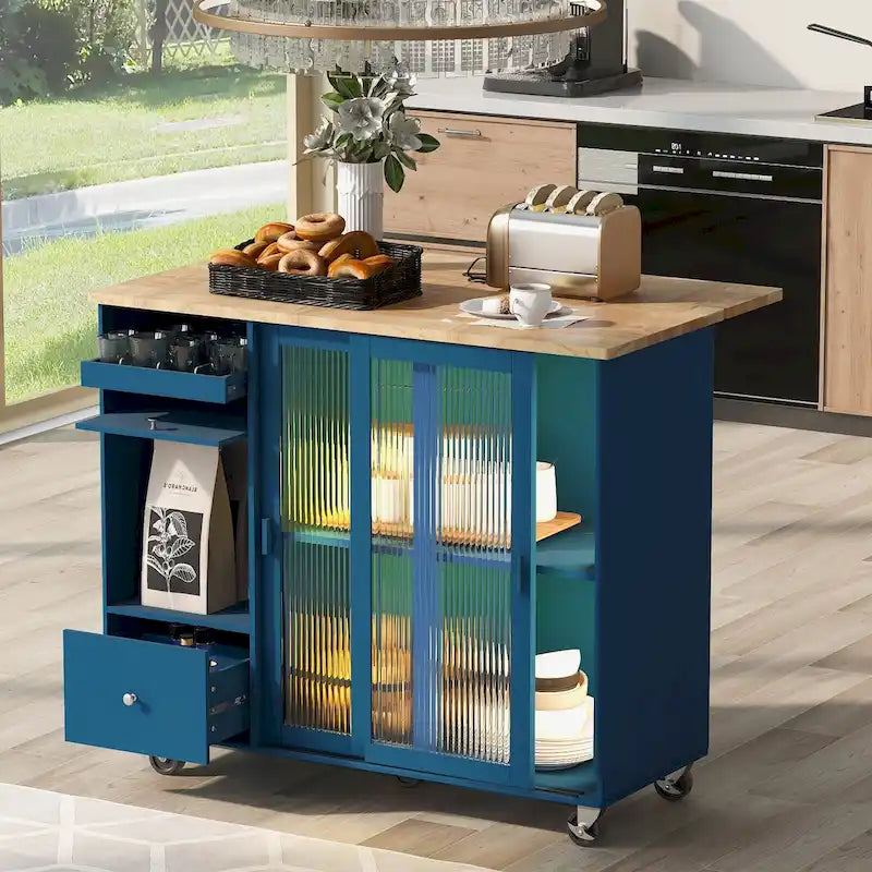 Dessertes de cuisine avec abattant, éclairage LED, portes vitrées, tiroirs et roulettes