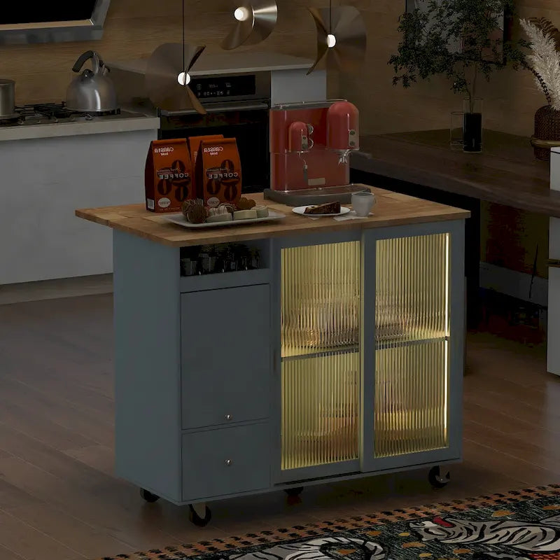 Kitchen Island Cart with Drop Leaf, LED Light, Glass Doors, Drawers and Wheels