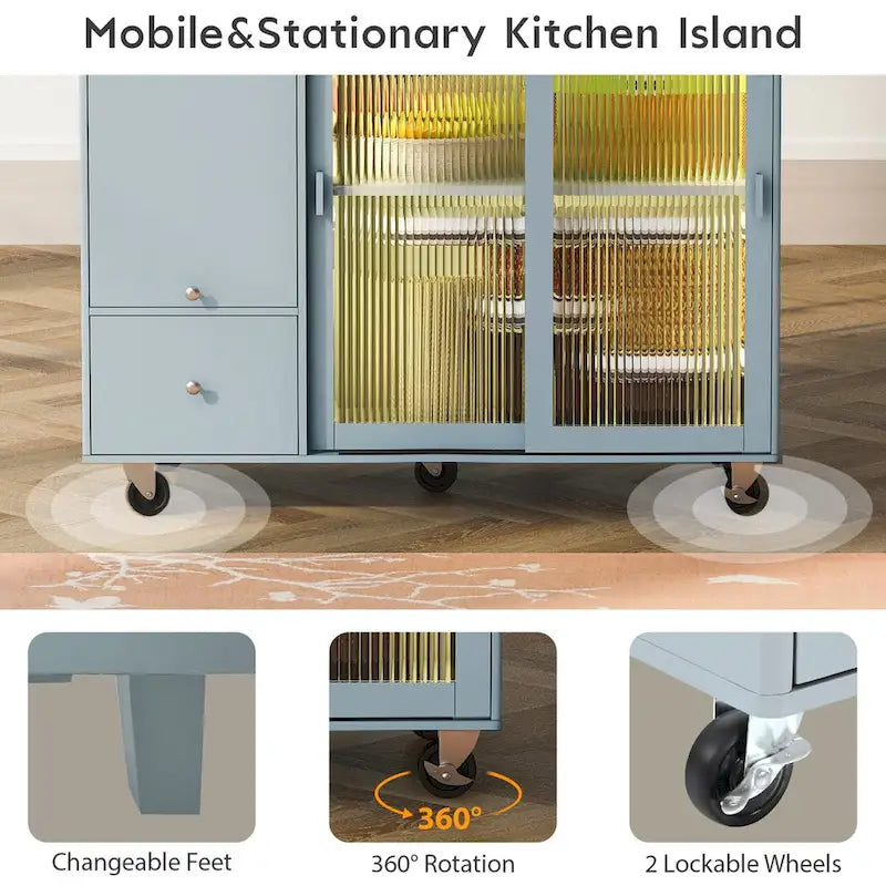 Kitchen Island Cart with Drop Leaf, LED Light, Glass Doors, Drawers and Wheels