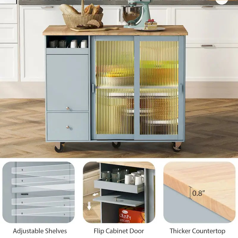 Kitchen Island Cart with Drop Leaf, LED Light, Glass Doors, Drawers and Wheels