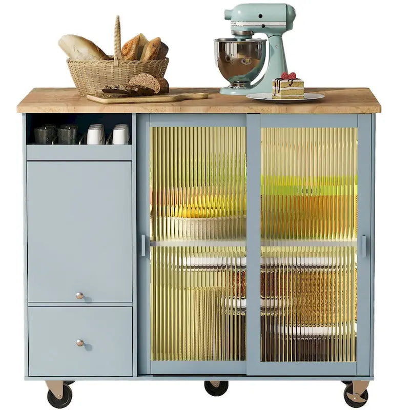 Kitchen Island Cart with Drop Leaf, LED Light, Glass Doors, Drawers and Wheels