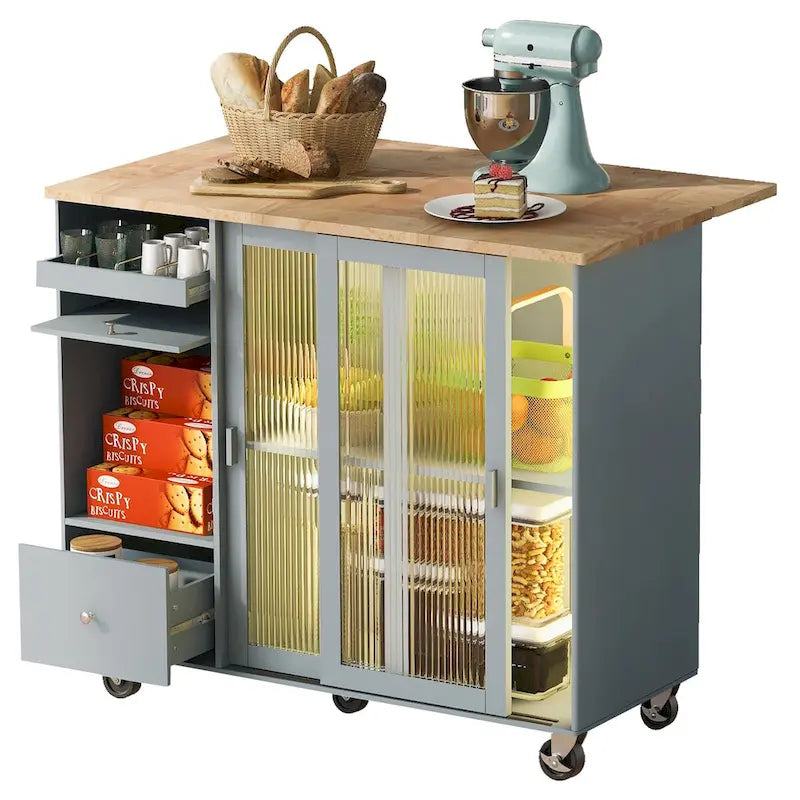 Kitchen Island Cart with Drop Leaf, LED Light, Glass Doors, Drawers and Wheels