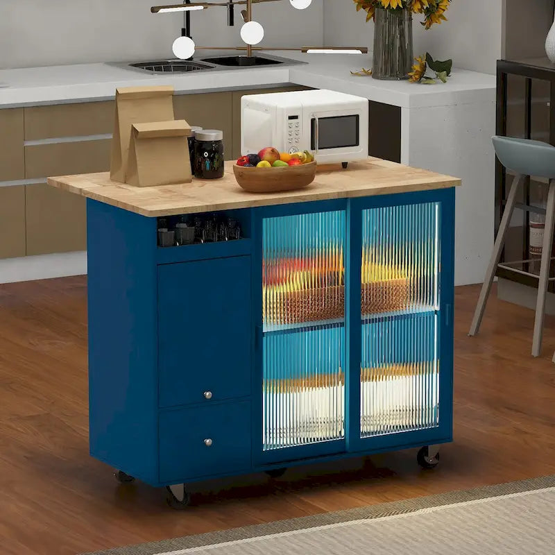 Kitchen Island Cart with Drop Leaf, LED Light, Glass Doors, Drawers and Wheels
