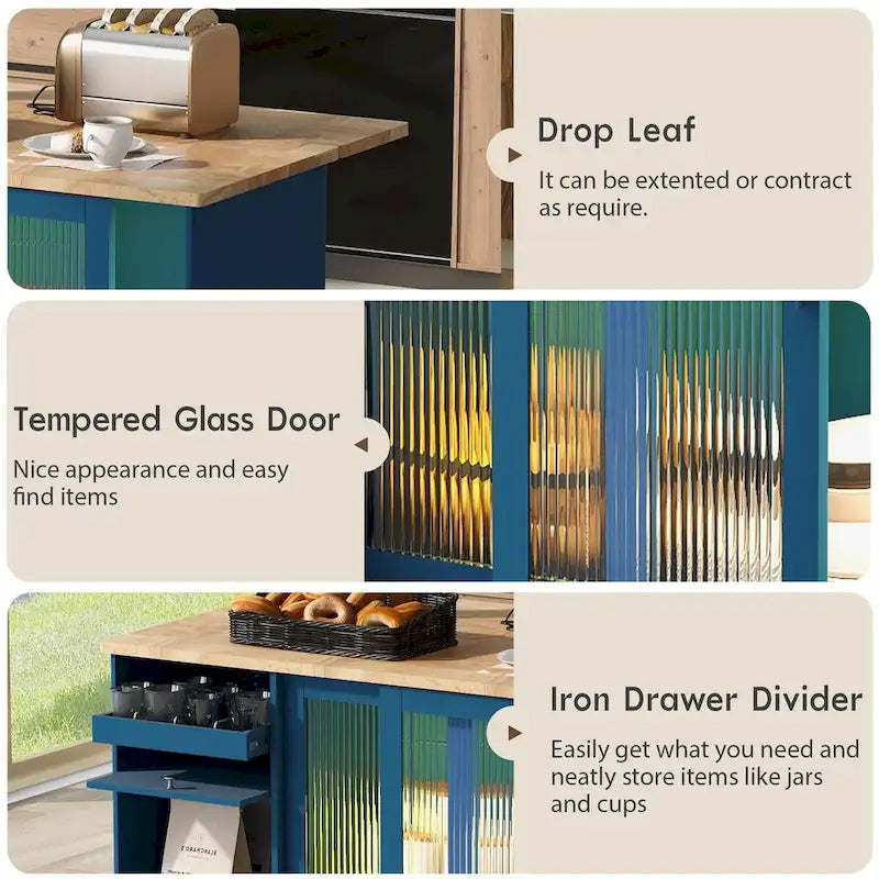 Kitchen Island Cart with Drop Leaf, LED Light, Glass Doors, Drawers and Wheels
