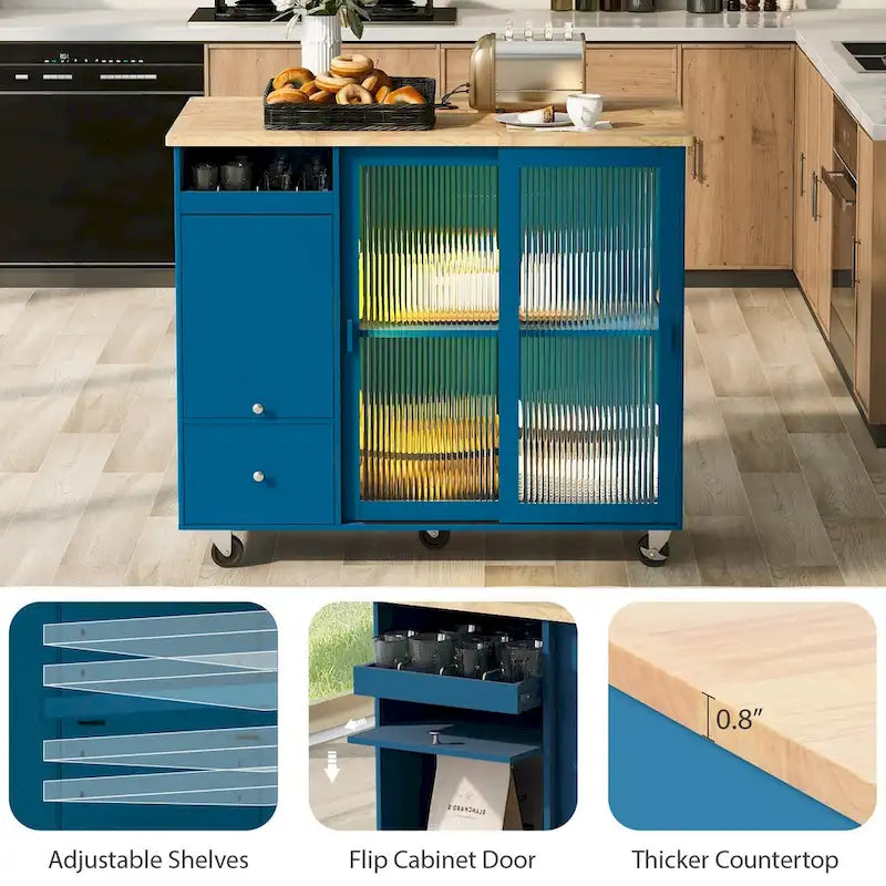 Kitchen Island Cart with Drop Leaf, LED Light, Glass Doors, Drawers and Wheels