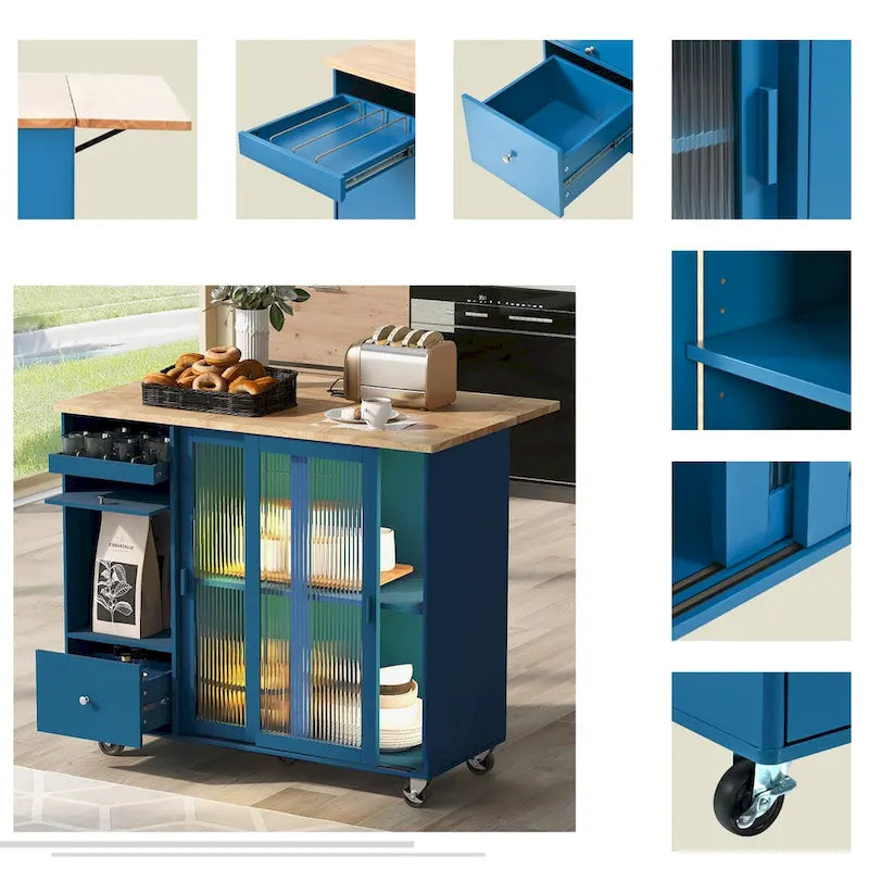 Kitchen Island Cart with Drop Leaf, LED Light, Glass Doors, Drawers and Wheels