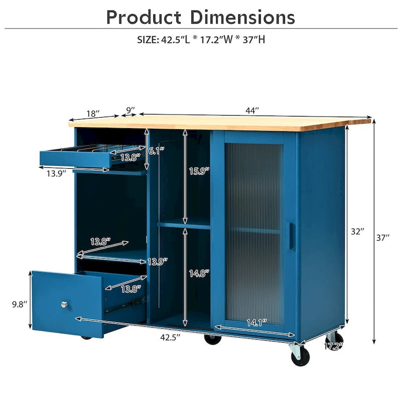 Kitchen Island Cart with Drop Leaf, LED Light, Glass Doors, Drawers and Wheels