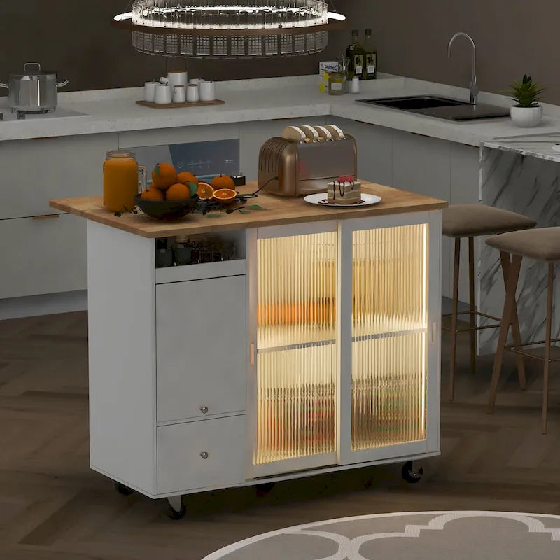 Kitchen Island Cart with Drop Leaf, LED Light, Glass Doors, Drawers and Wheels