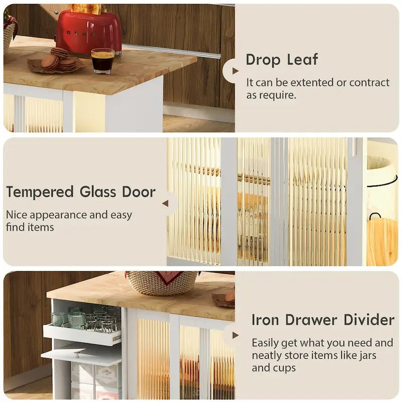 Kitchen Island Cart with Drop Leaf, LED Light, Glass Doors, Drawers and Wheels