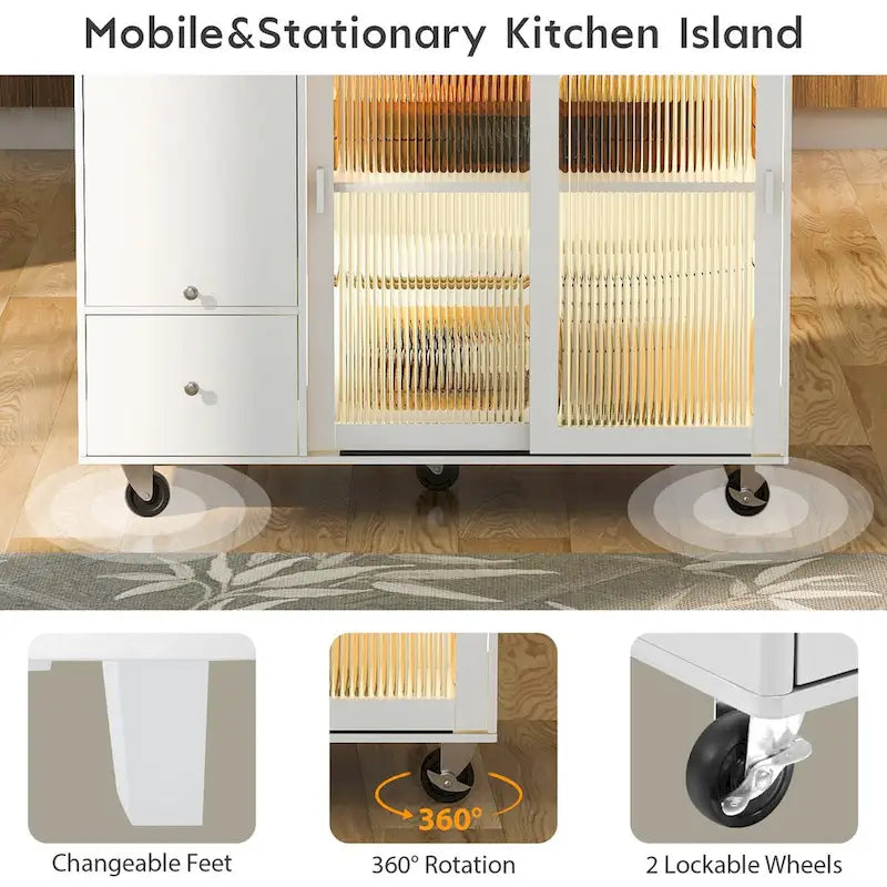 Kitchen Island Cart with Drop Leaf, LED Light, Glass Doors, Drawers and Wheels