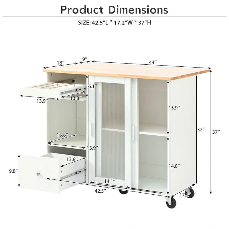 Kitchen Island Cart with Drop Leaf, LED Light, Glass Doors, Drawers and Wheels