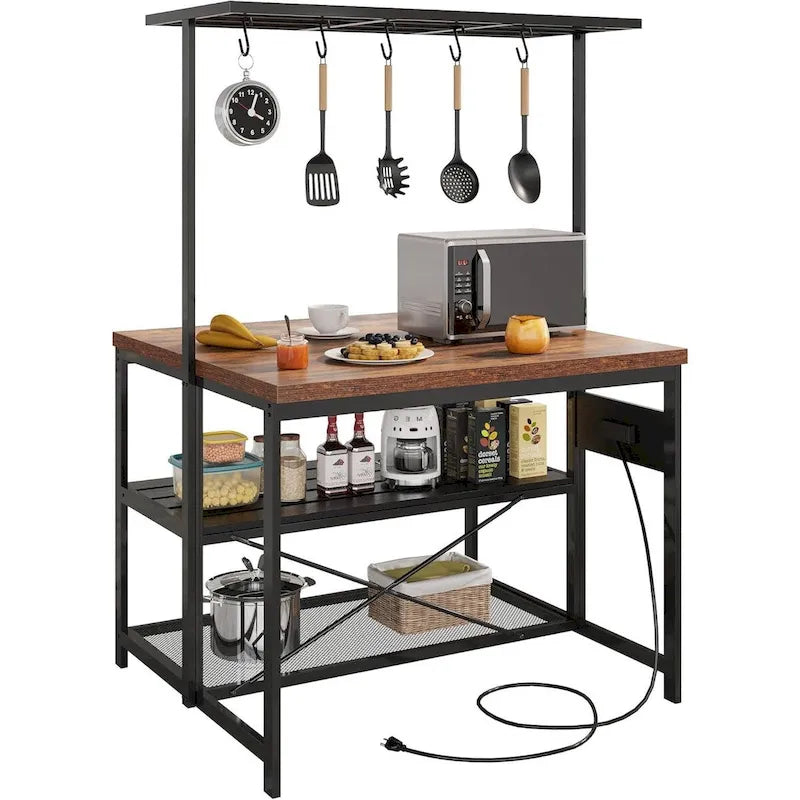 Table d'îlot de cuisine de 47" à 3 niveaux avec étagère de rangement, crochets et prises de courant