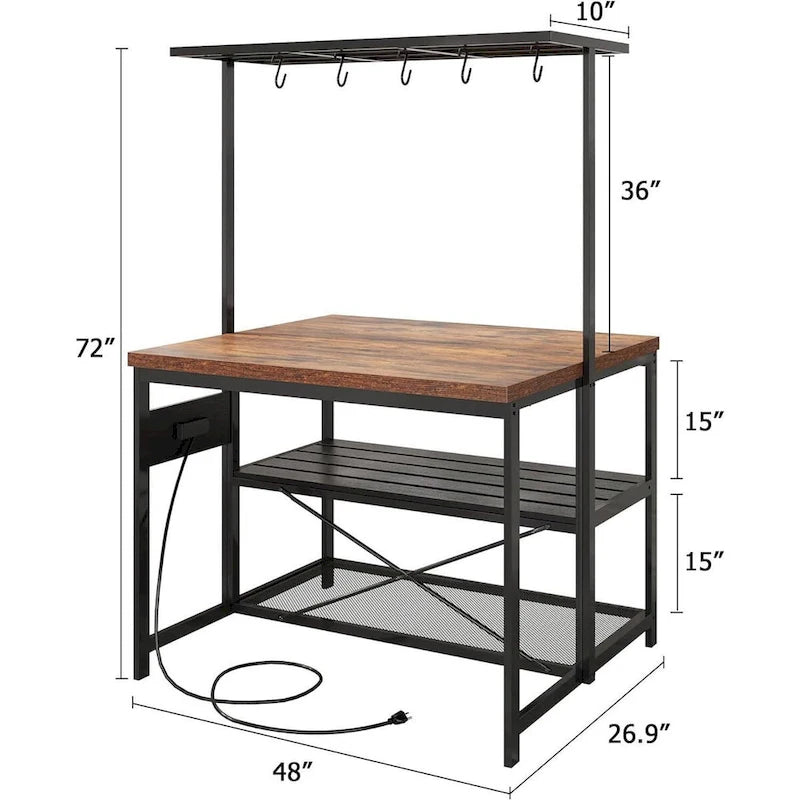 Table d'îlot de cuisine de 47" à 3 niveaux avec étagère de rangement, crochets et prises de courant