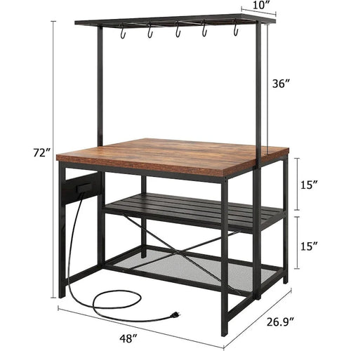 Table d'îlot de cuisine de 47" à 3 niveaux avec étagère de rangement, crochets et prises de courant