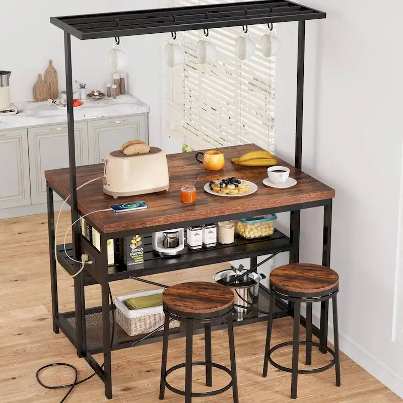 Table d'îlot de cuisine de 47" à 3 niveaux avec étagère de rangement, crochets et prises de courant