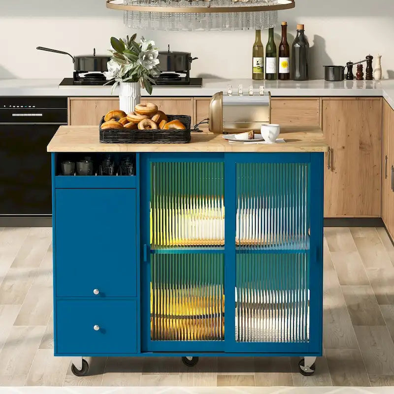 Rolling Kitchen Island Cart with Sliding Glass Doors LED Light Drop Leaf and 2 Drawers