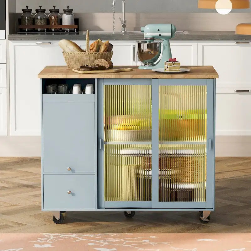 Rolling Kitchen Island Cart with Sliding Glass Doors LED Light Drop Leaf and 2 Drawers
