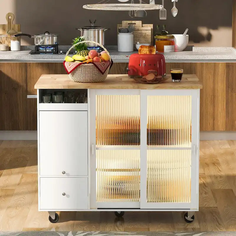 Rolling Kitchen Island Cart with Sliding Glass Doors LED Light Drop Leaf and 2 Drawers