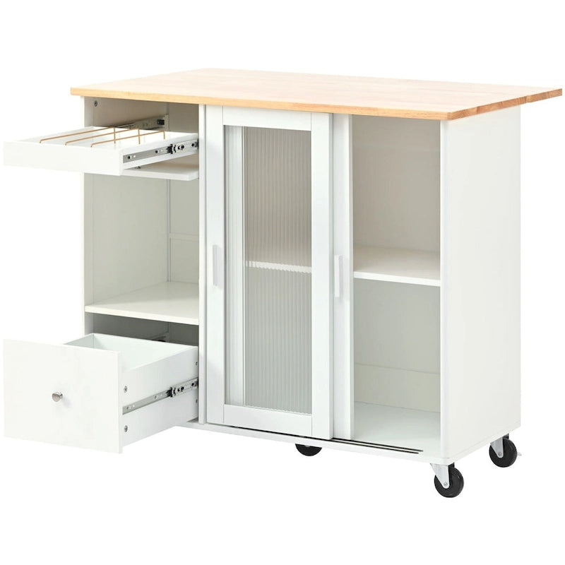 Rolling Kitchen Island Cart with Sliding Glass Doors LED Light Drop Leaf and 2 Drawers