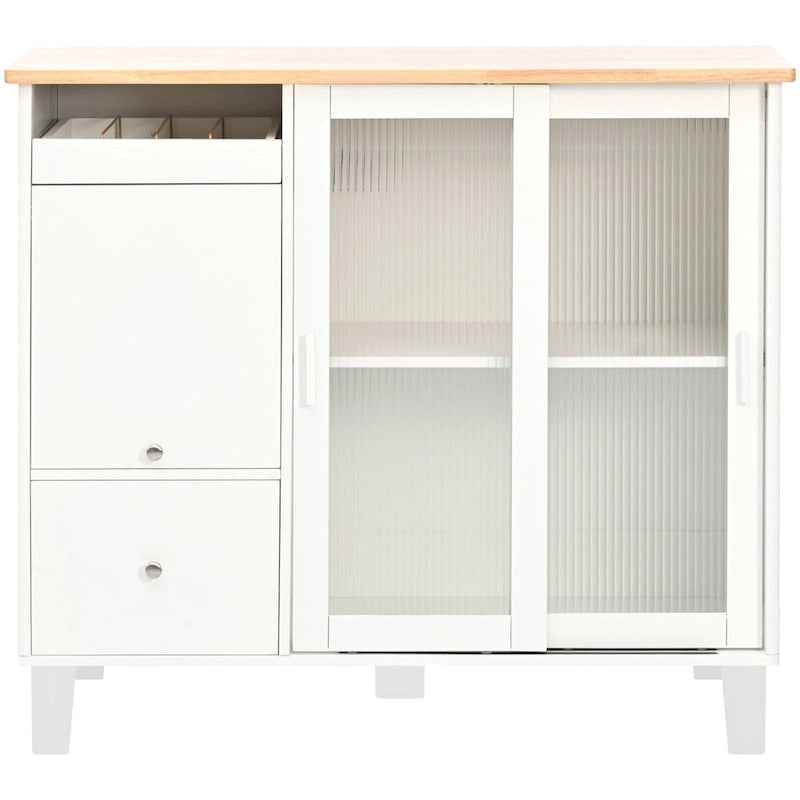 Rolling Kitchen Island Cart with Sliding Glass Doors LED Light Drop Leaf and 2 Drawers