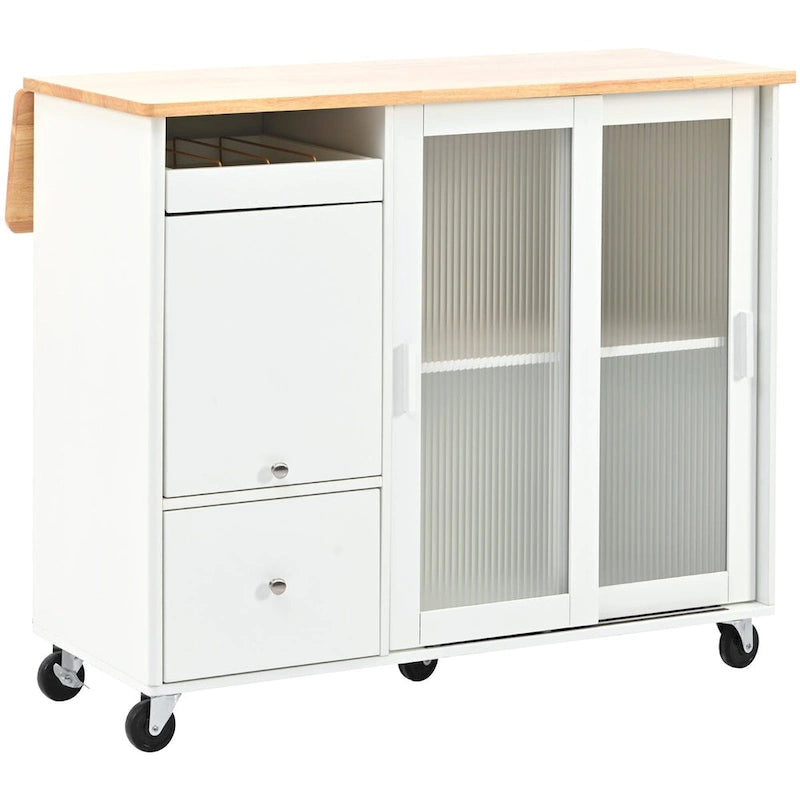 Rolling Kitchen Island Cart with Sliding Glass Doors LED Light Drop Leaf and 2 Drawers