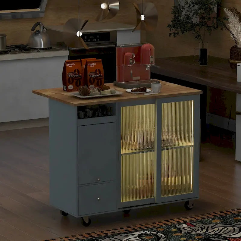 Rolling Kitchen Island Cart with Sliding Glass Doors LED Light Drop Leaf and 2 Drawers