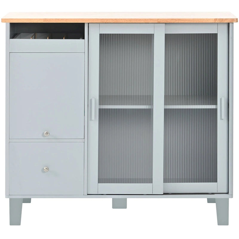 Rolling Kitchen Island Cart with Sliding Glass Doors LED Light Drop Leaf and 2 Drawers