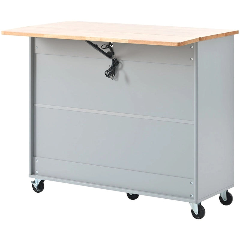 Rolling Kitchen Island Cart with Sliding Glass Doors LED Light Drop Leaf and 2 Drawers