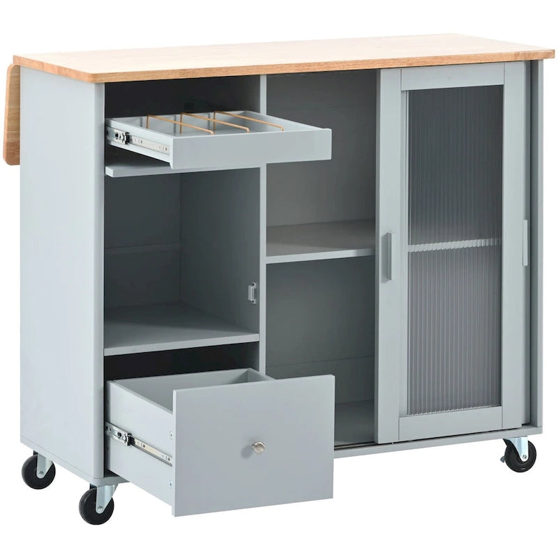 Rolling Kitchen Island Cart with Sliding Glass Doors LED Light Drop Leaf and 2 Drawers