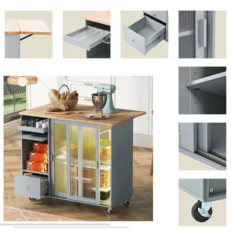 Rolling Kitchen Island Cart with Sliding Glass Doors LED Light Drop Leaf and 2 Drawers