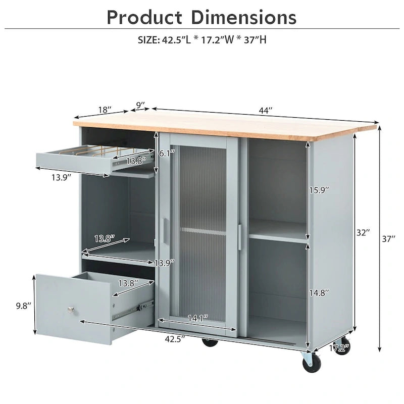 Rolling Kitchen Island Cart with Sliding Glass Doors LED Light Drop Leaf and 2 Drawers