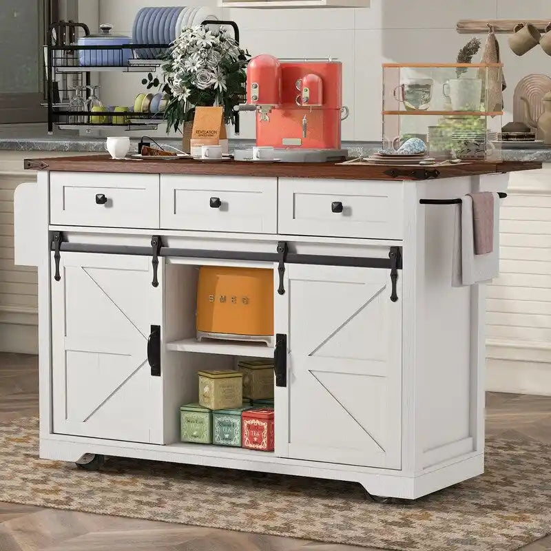 Farmhouse Kitchen Island with Drop Leaf, Rolling Cart with Power Outlets and Storage