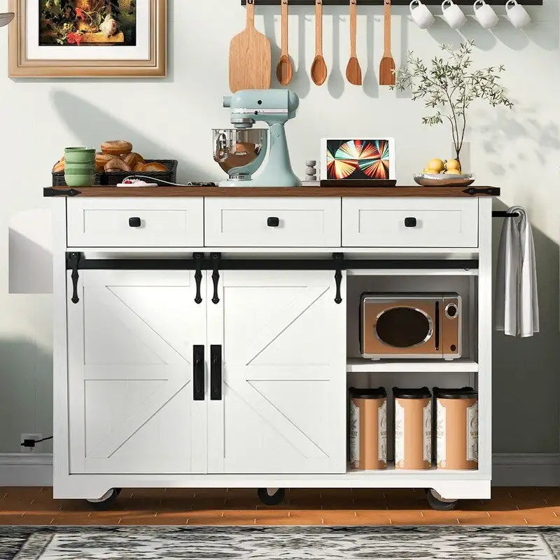 Farmhouse Kitchen Island with Drop Leaf, Rolling Cart with Power Outlets and Storage