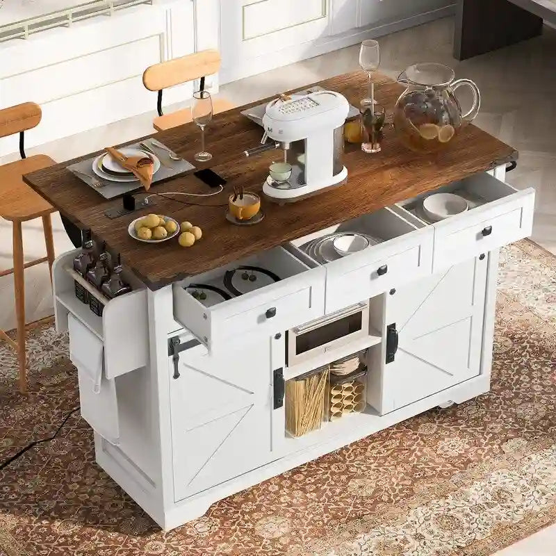 Farmhouse Kitchen Island with Drop Leaf, Rolling Cart with Power Outlets and Storage