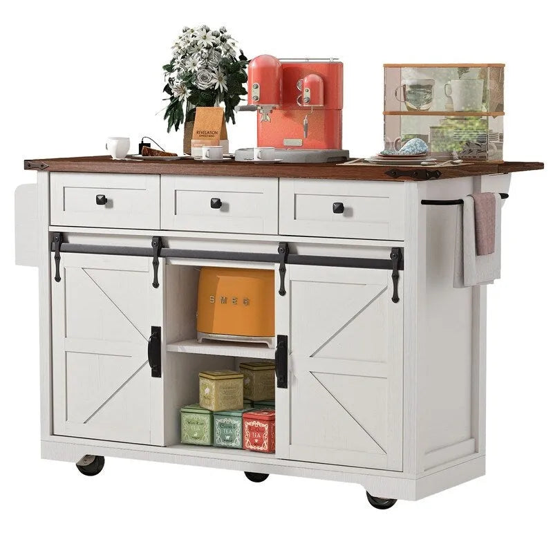 Farmhouse Kitchen Island with Drop Leaf, Rolling Cart with Power Outlets and Storage